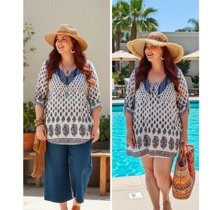 Lucky Brand Womens 3X Boho Paisley Block Print Tunic Top Blue Red V-Neck Blouse